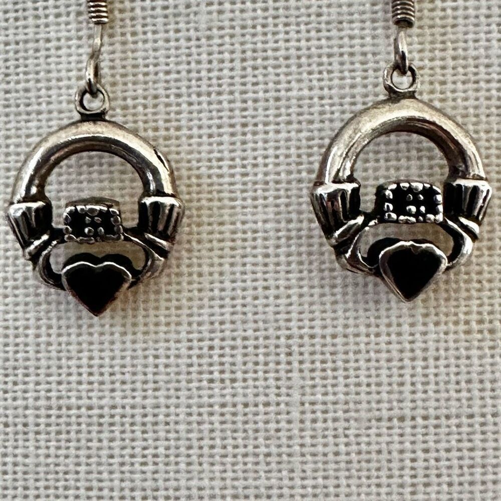 Sterling Silver Claddagh Earrings with Black Onyx Hearts